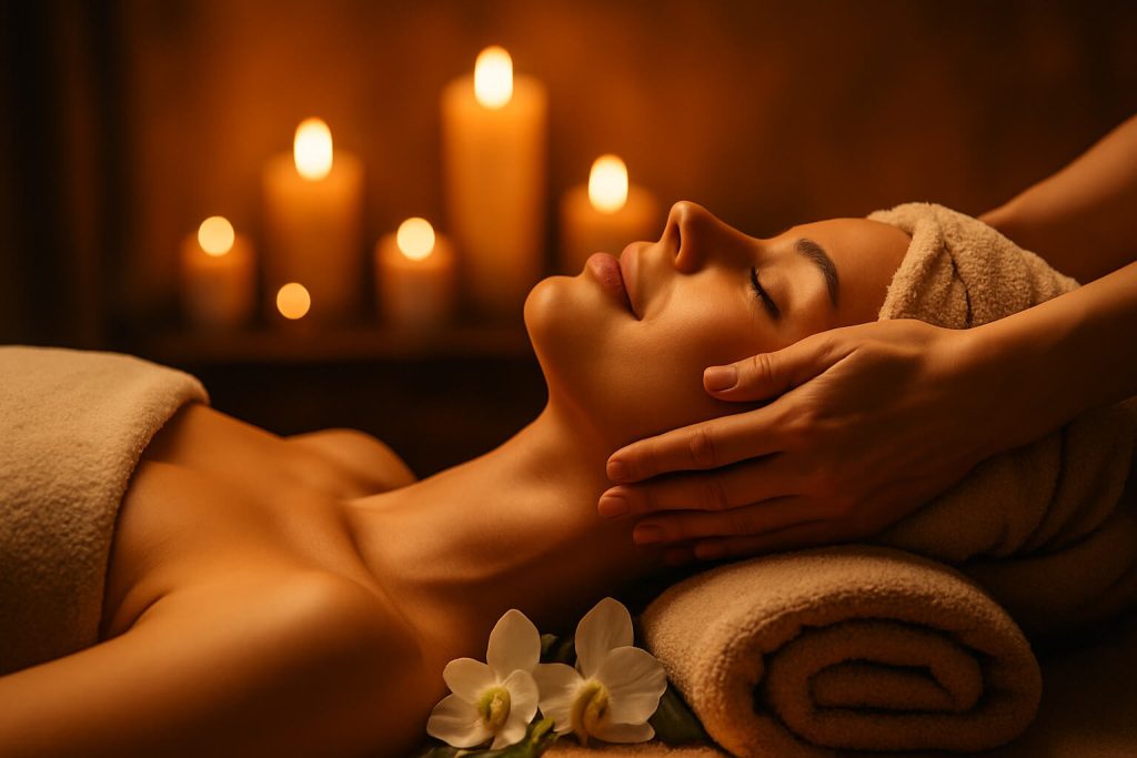 Imagen Tratamiento facial en un entorno de spa cálido y relajante, con toallas suaves, velas encendidas y productos naturales