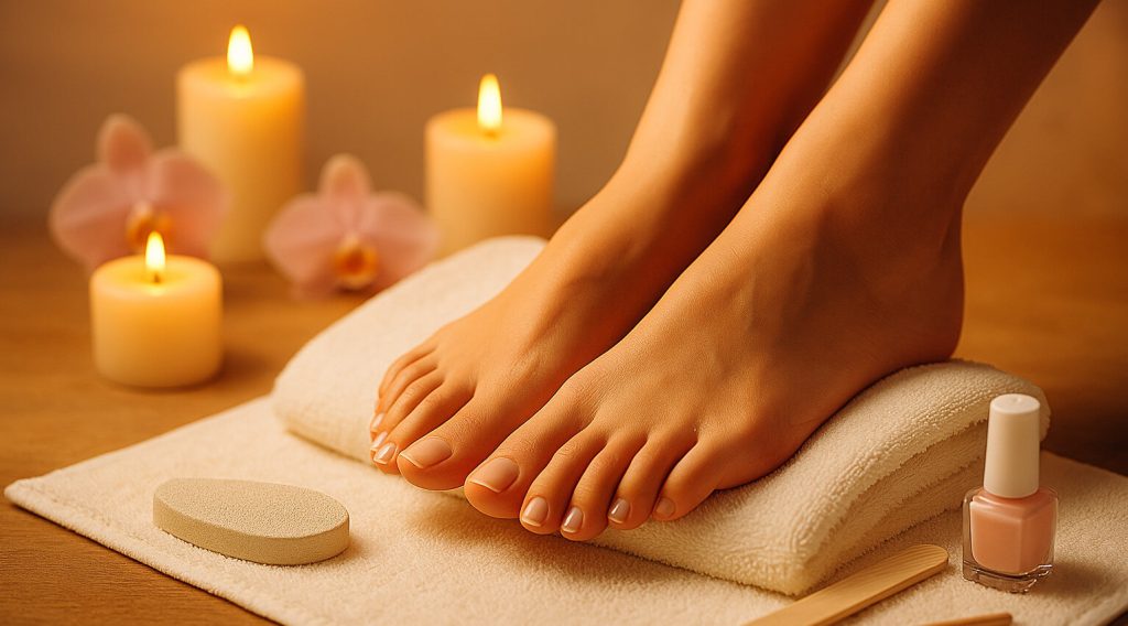 Ambiente cálido de spa con toalla enrollada, flores y pies descansando, representando un tratamiento de pedicura relajante en Lleida