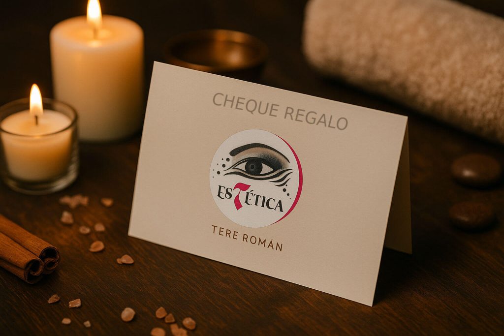 Imagen simulación del Cheque regalo personalizado de Estética Tere Román en Lleida, ideal para regalar tratamientos faciales, corporales, de manos o pies en un centro de estética con más de 25 años de experiencia, y ambientado sobre una mesa de madera junto a dos velas encendidas en un ambiente cálido y en penumbra, junto a una toalla mullida.