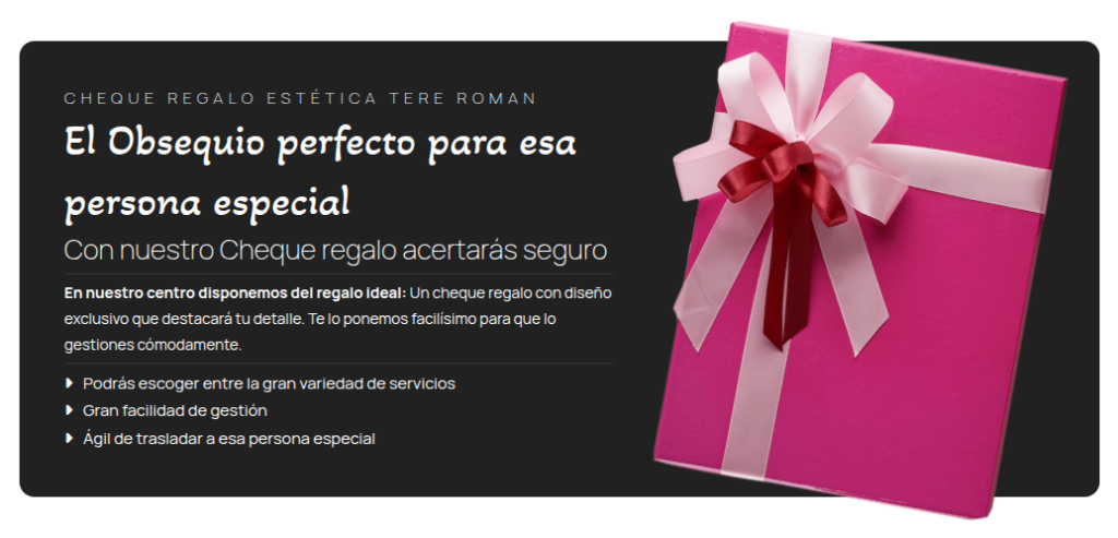 Imagen promocional Regalo de estética en Lleida - Con el texto 'El bosequio perfecto para esa persona especial', ilustrado con una caja de regalo rosa y dos lazos, uno rojo y otro rosa claro.